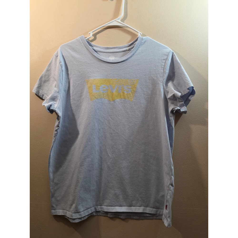Levis Womens XL Light Blue Graphic Batwing Logo T-Shirt Yellow Wavy Print Tee
